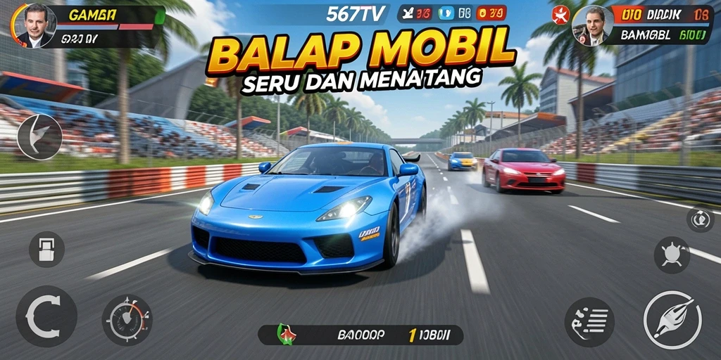 Tampilan antarmuka 567TV dengan mobil balap yang siap beraksi.