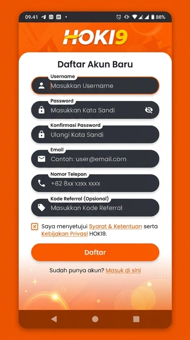Tampilan halaman daftar hoki9